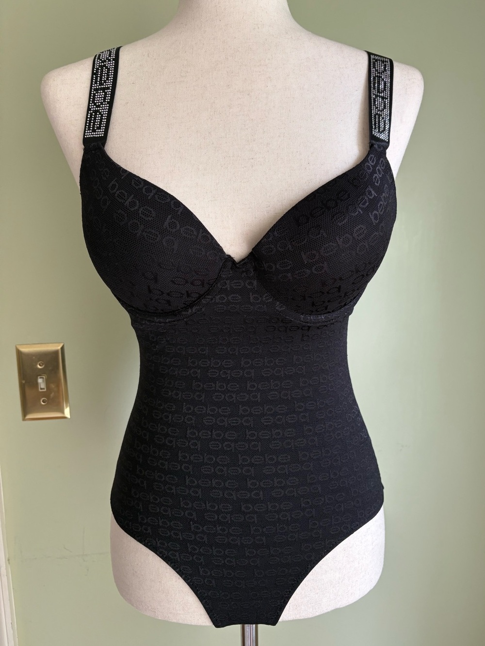 bebe Black Logo Lace Shaping Bodysuit w/Rhinestone Logo Straps. 34C. Beautiful!